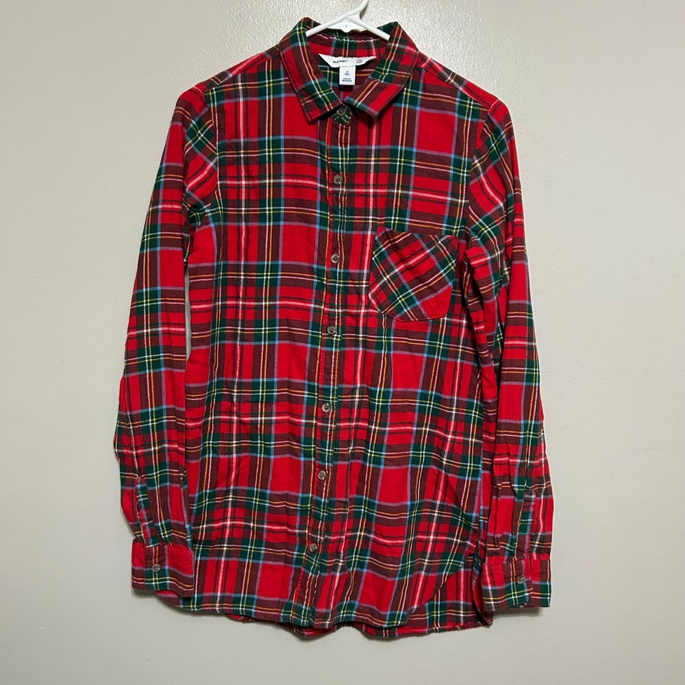 Old Navy Tunic Shirt M Tall Red Tartan Plaid Flannel Button Down Festive Preppy